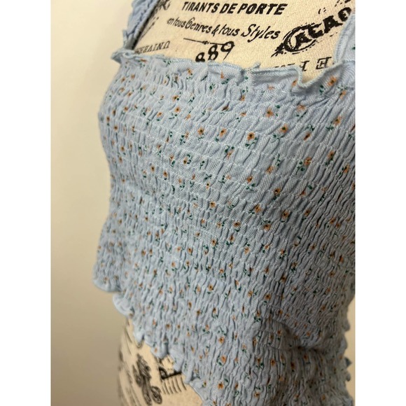 NWOT Mable Light Blue Floral Ruffle hem Wide strap Ruched Crop Top - Picture 7 of 10